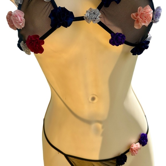 Mesh Two Piece Floral Bra and G string set with Satin Rose Buds . - Picture 7 of 10